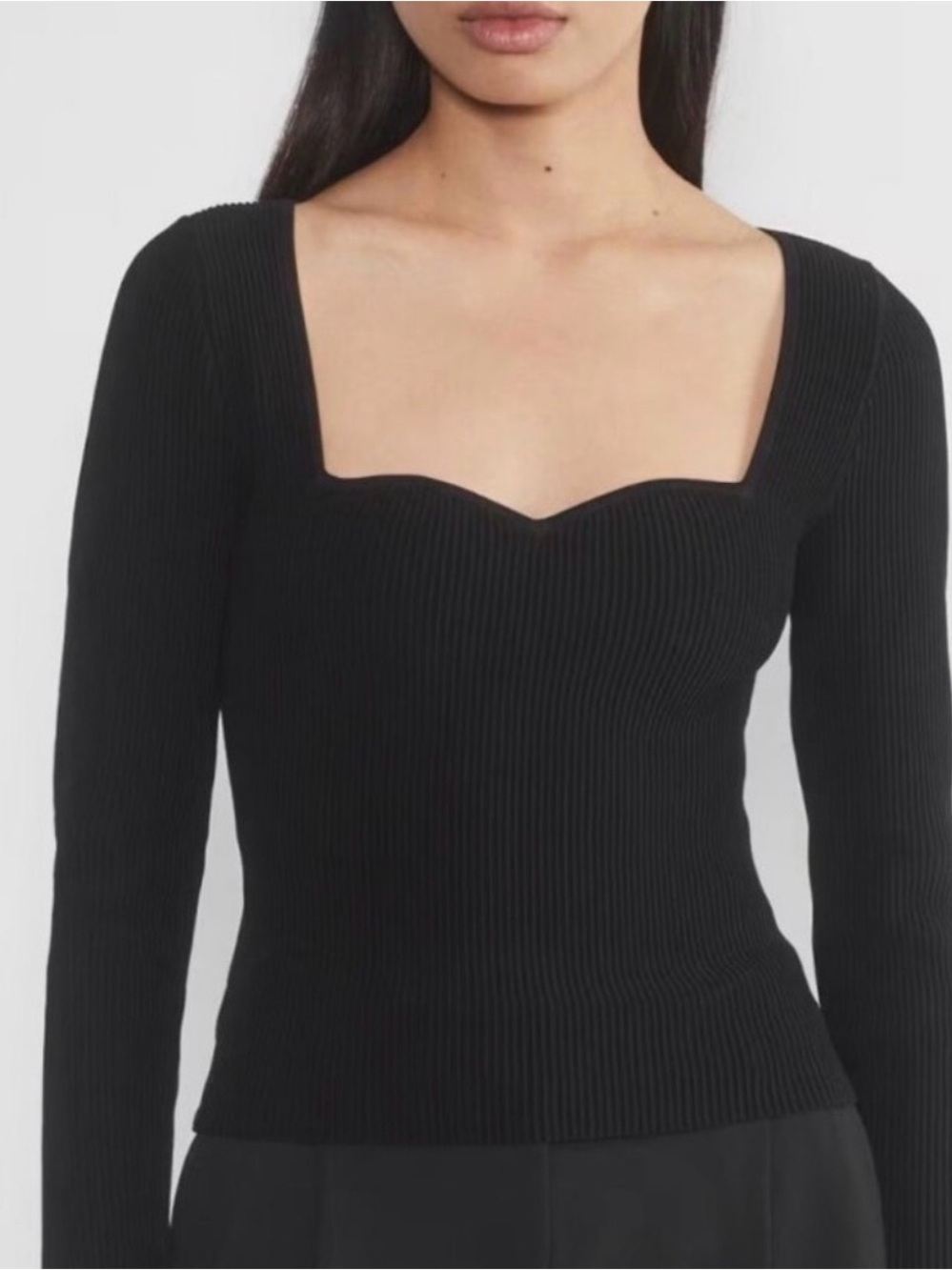 Women's Black Ribbed Sweetheart
Neck Long Sleeve Knit Top